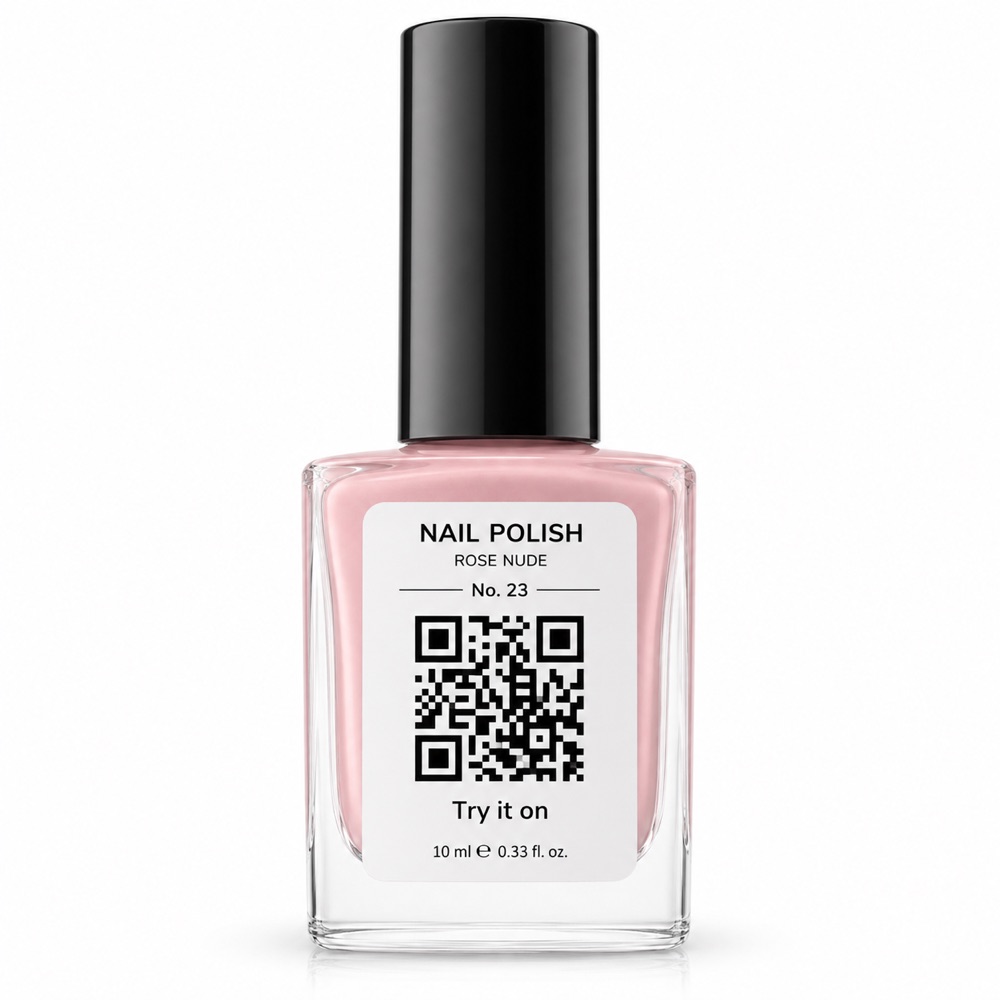 A nail polish bottle with a QR-code label reading “Try it on” — scanning it opens the AR try-on.