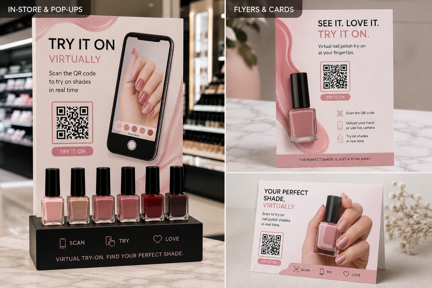 A counter display stand, a table flyer, and a card — each printed with a “Try it on” QR code for the AR nail try-on.